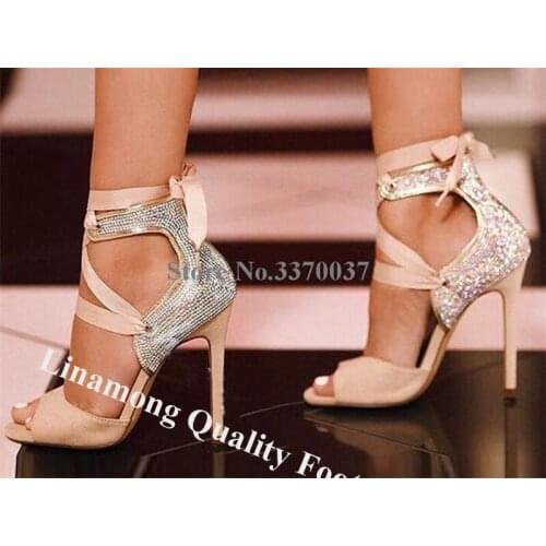 Linamong Elegant Peep Toe Suede Leather Back Rhinestone Stiletto Heel Sandals Lace-up Crystal High Heel Sandals Wedding Shoes