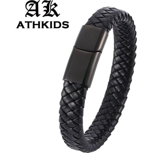 Trendy Black Braided Leather Bracelet Mens Handmade Bracelet Black Stainless Steel Magnetic Clasps Men Wrist Wholesale PD0025