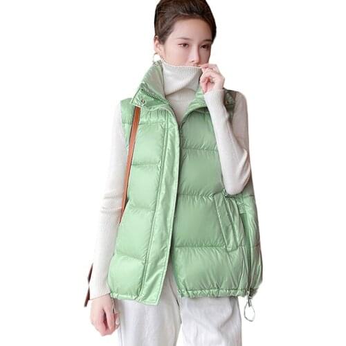 Autumn Winter Women Vest 2021 New Solid Stand Collar Zipper Bright Face Down Cotton Jacket Sleeveless Waistcoat Female Vest Coat