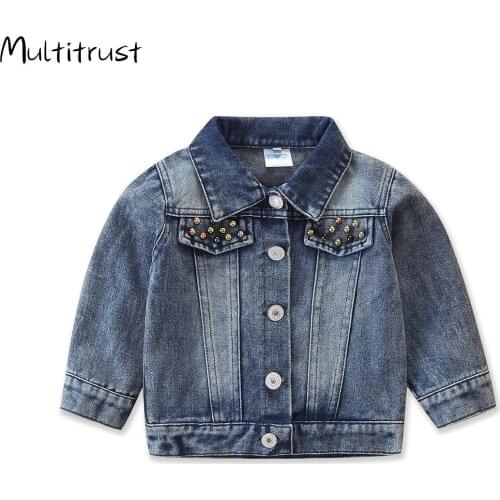 Autumn Baby Girls Jacket Coats Blue Denim Sequined Patchwork Pocket Long Sleeve Single Breasted Outwears 0-5Y