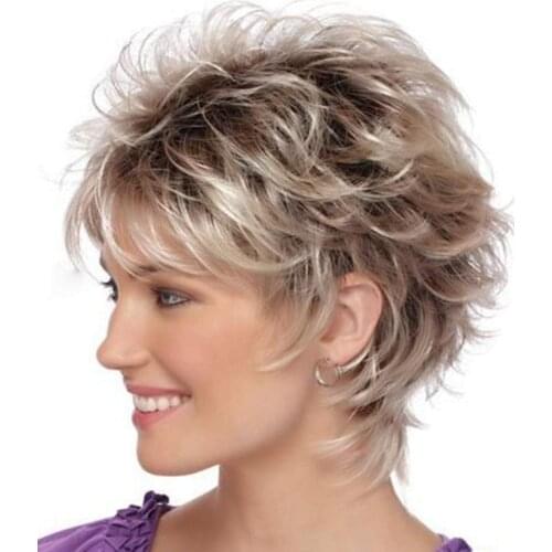 Wigs for Women Synthetic Short Curly Hair with Bangs Natural Light Gold and Brown Wigs Daily Use Heat Resistant Fiber Wigs