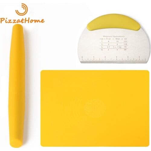 PizzAtHome Silicone Rolling Pin Baking Tools 3 Pcs Set Stainless Steel Dough Cutter Pastry Scrapers Non-Stick Silicone Mat