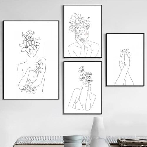 Line Woman Face Flowers Posters And Prints Nordic Minimalist Style Line Draw Wall Art Canvas Painting Living Room Home Decor