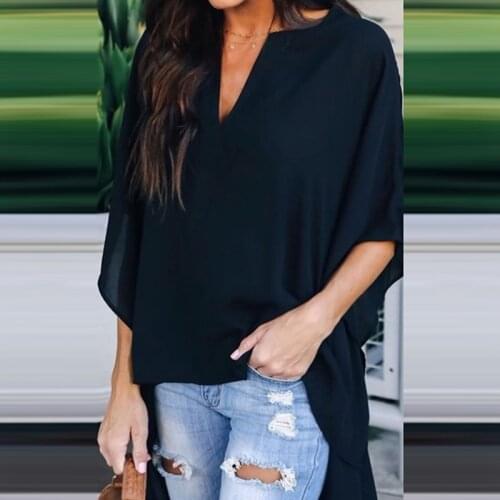Hot 2020 Women Blouses Summer Elegant Irregular V-Neck Chiffon Soft Tunic Casual Solid Breathable Half Batwing Sleeve Top Shirts
