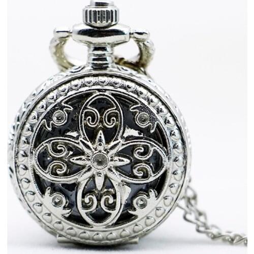 PS564 Fashion Hollow Out Flower Retro Style Quartz Pocket Watch Silver Pendant Necklace Watches With Chain
