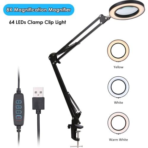 Illuminated Magnifier USB 3 Colors LED 8x Magnifying Glass for Soldering Iron Repair/Table Lamp/Skincare Beauty Tool