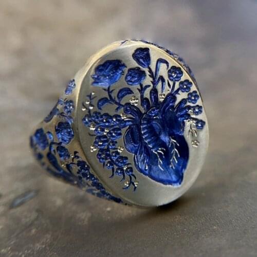 Vintage Blue Enamel Flower Ring for Men Women Handmade Engraved Signet Plant Ring Gothic Punk Rock Biker Party Jewelry