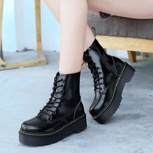 Women Ankle Boots Leather Autumn Motorcycle Boots Waterproof Non-slip Lady Platform Boots Lace Up Women White Boots Botas Mujer
