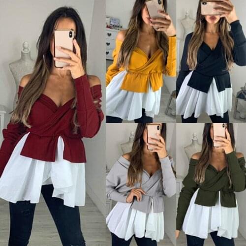Womens Long Sleeve Tops Patchwork Frill Ruffle Ladies Casual Loose Pullover T-Shirt