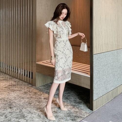 2021 Summer New Court Temperament Lace Slim Collar Lotus Leaf Sleeve High Waist Pocket Hip Dress Dress for Women