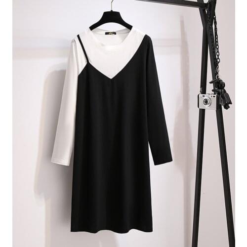 150Kg Plus Size Womens Autumn Stitching Fake Two-Piece Dress Bust 154cm 5XL 6XL 7XL 8XL 9XL Loose Slim Cotton Dress Black