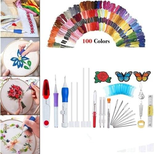 1 SET Magic DIY Embroidery Pen Sewing Tool Kit Punch Needle Sets 100 Threads