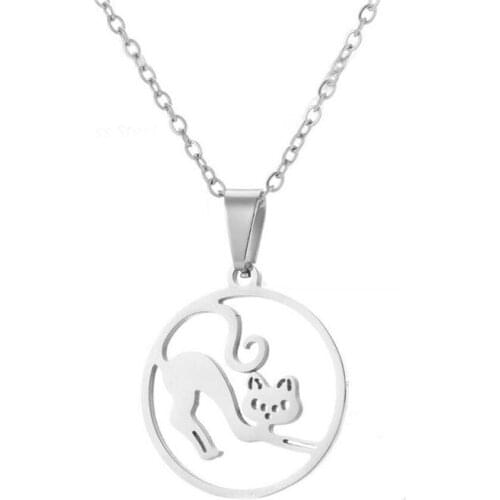 1pc Cute Cat In Circle Stainless Steel Pendant Necklace Simple Cats Charms Necklaces Women Girls Kids Fashion Jewelry