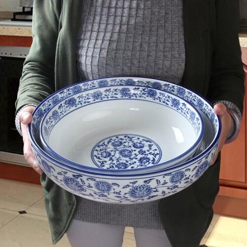 10-12 inch large serving bowl Chinese Blue and white porcelain Ceramic Ramen Seafood Steak Salad Soup Bowl Tableware