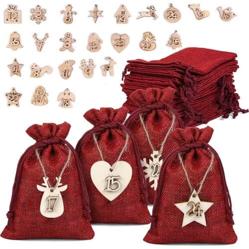 24PCS 2021 Christmas Advent Calendar Countdown Bag Sack Hanging Gift Pouch With Clips Stickers 24 Christmas Pendant Sets
