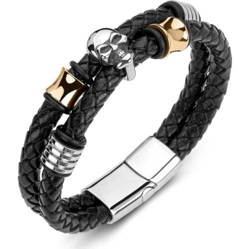 Double Braided Leather Rope Men Bracelets Handmade Stainless Steel Skull Party Bangles Punk Hip Hop Skeleton Jewelry Gifts P186