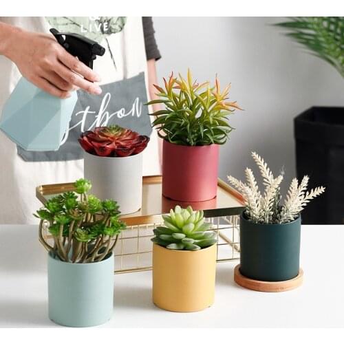 8cm/3” Nordic Flowerpot With Tray Colorful Ceramic Cactus Succulent Planter Green Plants Cylindrical Shape Pot Garden Decoration