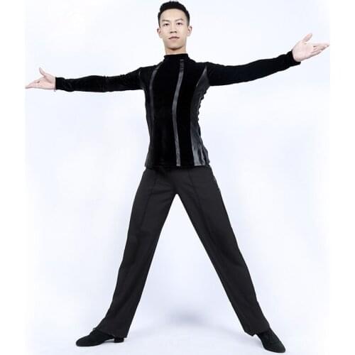 Personality Black Mens Ballroom Latin Dance Wear Cha Cha Rumba Latino Shirt Long Sleeve Dancing Tops Not Including Pants Sale