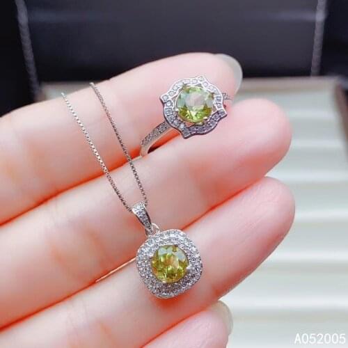KJJEAXCMY Fine Jewelry 925 sterling silver inlaid natural Peridot female ring pendant set beautiful Support detection