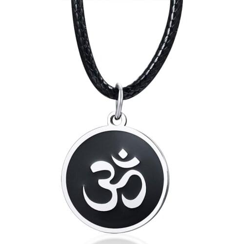 2021 Europe And America Jewelry Round Brand Leather Rope Stainless Steel Aum Religious Totem Pendant Necklace Suitable For Men