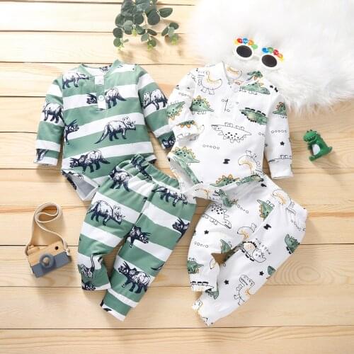 0-18M Baby Boys Clothes Set Dinosaur Print Stripe Long Sleeve Romper and Elastic Waist Trousers 2Pcs Autumn Outfits Homewear