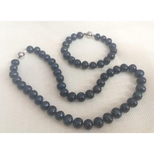 Women Jewelry set 10mm black colors natural pearl necklace bracelet AAA Cultured freshwater pearl 17'' 43cm