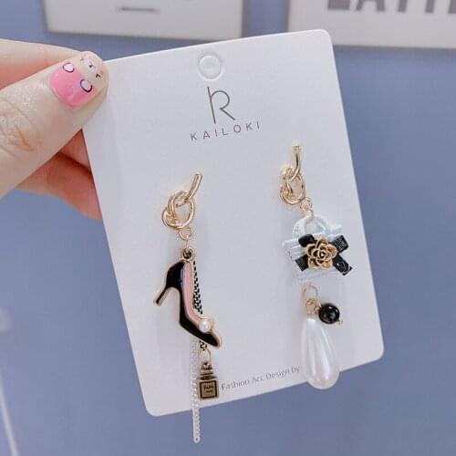 Korean Personality Asymmetric Cute Pig Love Pendant Earrings Temperament Ladies Creative Bag High Heels Pearl Earrings Jewelry