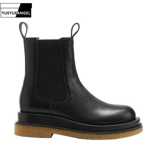 Motorcycle Genuine Leather Platform Ankle Boots Women Street Lace Up Biker Mid-Calf Boots Autumn Winter High Top Chelsea Boots