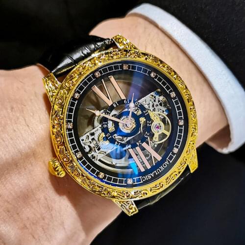 AOKULASIC Business Mens Watches Mechanical Tourbillon Wristwatches Leather Band Watch