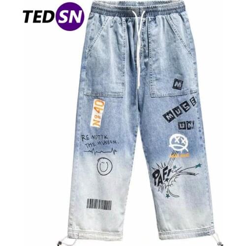 2021 Autumn Harajuku Mens Loose Trousers Oversized Straight-Leg Retro Style Vintage Graffiti Label Hip-Hop Casual Street Pants