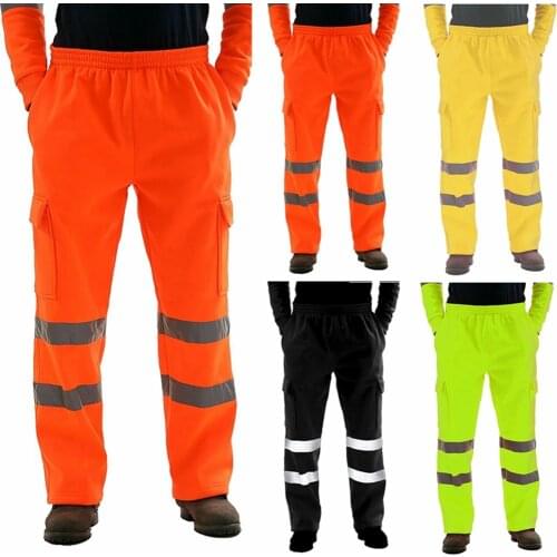 Mens Safety Sweat Pant Hi Vis Trousers High Visibility Bottoms Workwear Reflective Tape Safety Pants Multi-Pockets Work Trouser