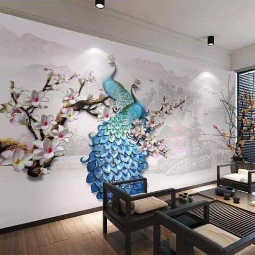 Custom Wall Mural 3D Stereoscopic Relief Blue Peacock Magnolia Flower Art Wall Painting Bedroom Living Room Home Decor Wallpaper
