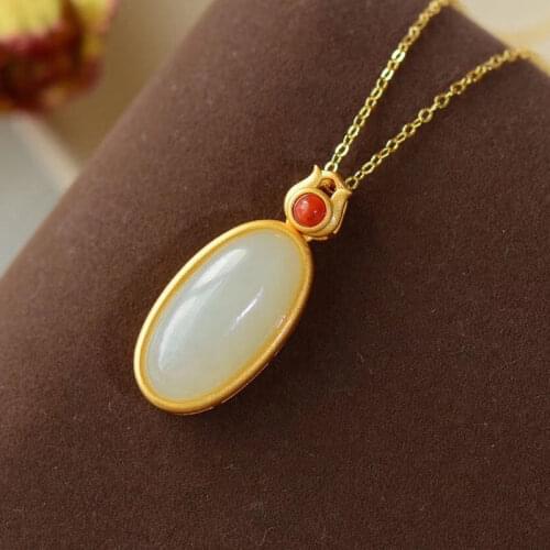 New silver inlaid natural Hetian white jade Oval Pendant Necklace Chinese style retro charm minority design womens jewelry