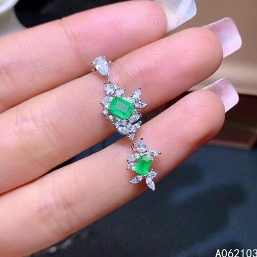 KJJEAXCMY fine jewelry 925 Sterling Silver inlaid natural emerald Womens exquisite ol style plant square gem pendant necklace s