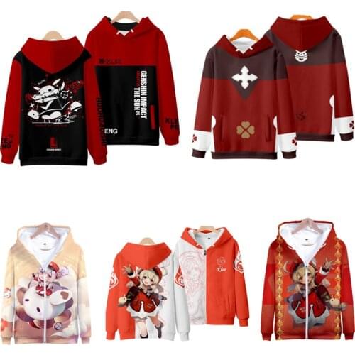 Hot Game Genshin Impact Cosplay Jacket Klee Diluc Hu Tao Keqing 3D Print Funny Hoodie Zipper Hooded Sweatshirt Anime Clothes