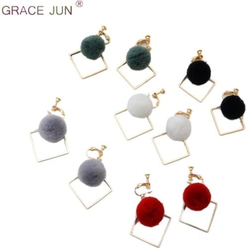 GRACE JUN Womens Fashion Geometric Square Fur Ball Clip on Earrings for Women Charm Jewelry Needn't Ear Hole Earrings Good Gift