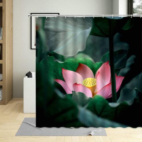 Green Summer Plants Shower Curtain Lotus Leaf Pink Lotus Flowers Curtains With Hooks Bathroom Decor Waterproof Polyester Fabric