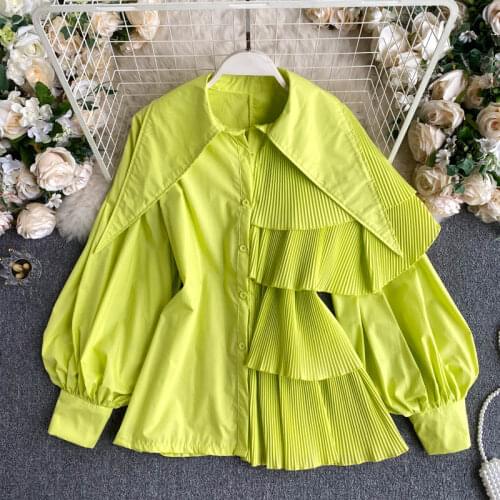 Women Korean Candy Colors Shirt Fried Street Autumn Shirts Irregular Puff Sleeve Pleated Ruffle Top Women Female Blusa PL461