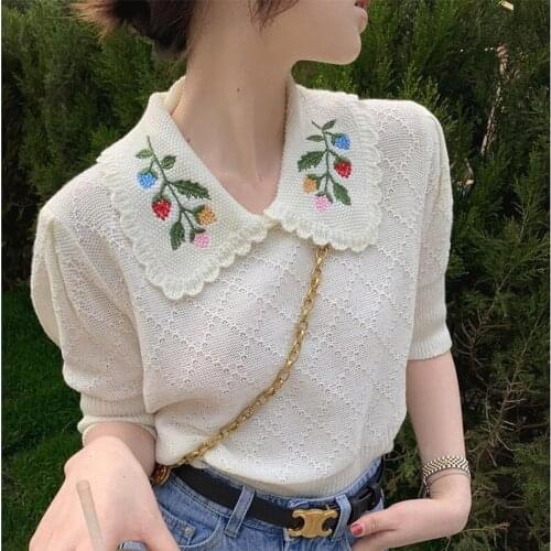 2021 New Embroidery Paragraphs Short Thin Sweater New Spring and Summer Female Hedge Short Sleeve Blouse Short Pullover Top