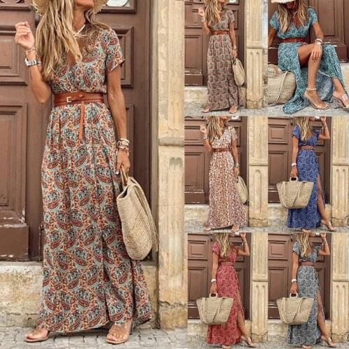 Summer Elegant V-neck Maxi Dress Women Boho Floral Print Belted Beach Dress Retro Short Sleeve Split Sexy Sundress Party Dress