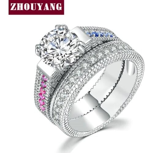 ZHOUYANG Wedding Ring Set For Women Luxury Multicolor Cubic Zirconia 2 Rounds Silver Color Party Gift Fashion Jewelry DZR008