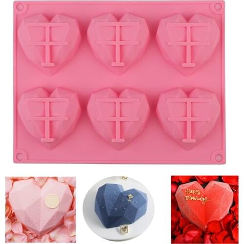 1/6 Cavity 3D Diamond Love Heart Shape Mold Silicone Chocolate Cookie Muffin Baking Tool Sponge Mousse Dessert Cake Decorating
