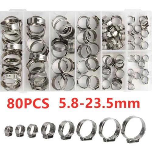 80PCS 304 Stainless Steel Single Ear Stepless Clamp Crimp Hose Clamps Assortment Kit Diameter 5.8-23.5mm