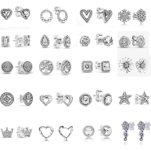 Free Shipping 2021 Authentic 925 Sterling Silver Sparkling Crown Stud Earrings For Women DIY Jewelry Square Round Heart Earring
