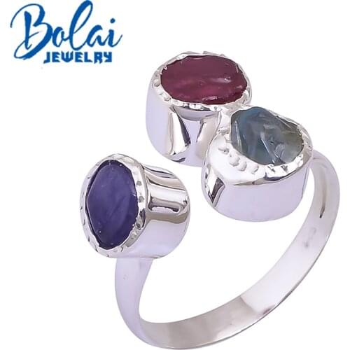 Bolai,2021 new handmade Ring 925 sterling silver fine jewelry natural ruby aquamarine tanzanite gemstone rough women ring