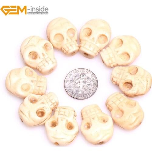 Gem-inside 17x22mm 10 Pcs Big Hole 1.2mm White Flat Skull Carved Natural Bone Cabochon Beads For Jewelry Making Beads DIY Beads