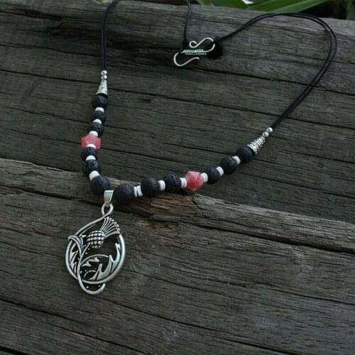 Rhodochrosite With Volcanic Stone Beads Blessed Thistle Long Necklace, Viking Apron Dress Chain Necklace Jewelry For Charm Women