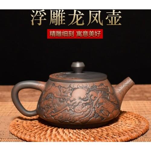 China Jianshui Purple Clay Black Ceramic Handmade Full Dragon Carving Teapot Kettle Porcelain Kung Fu Tea Set Drinkware