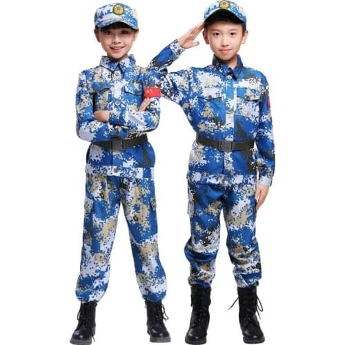 Kids Army Military Scouting Uniform Set Camouflage Coat+Pants+Hat Training Performance Costume Special Forces Clothing 100-185cm