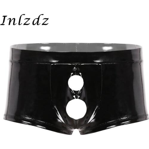 Mens Lingerie Latex Underwear with Holes Wet Look Patent Leather Sexy Panties Erotic Bulge Pouch Boxer Briefs Shorts Underwear